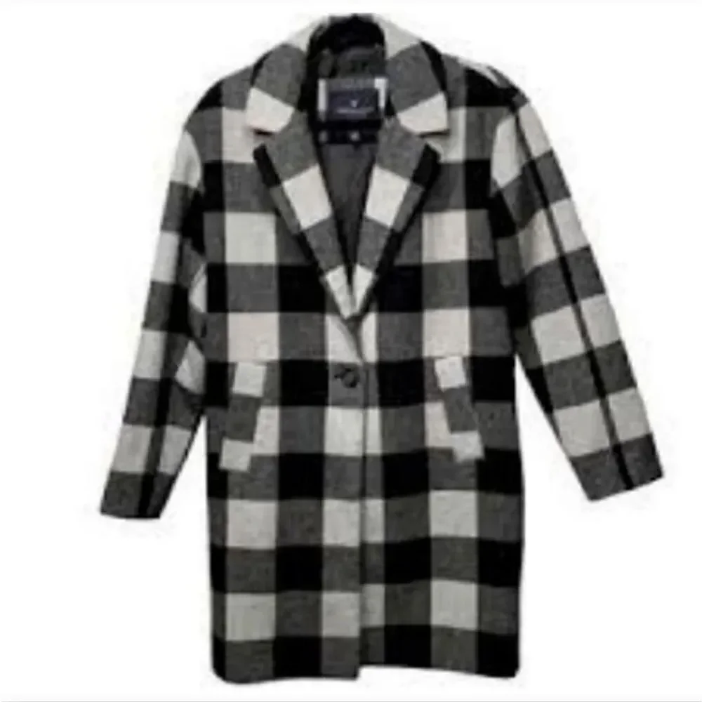 American Eagle Buffalo Plaid Trench Car Coat in Black/Gray Check Size Large